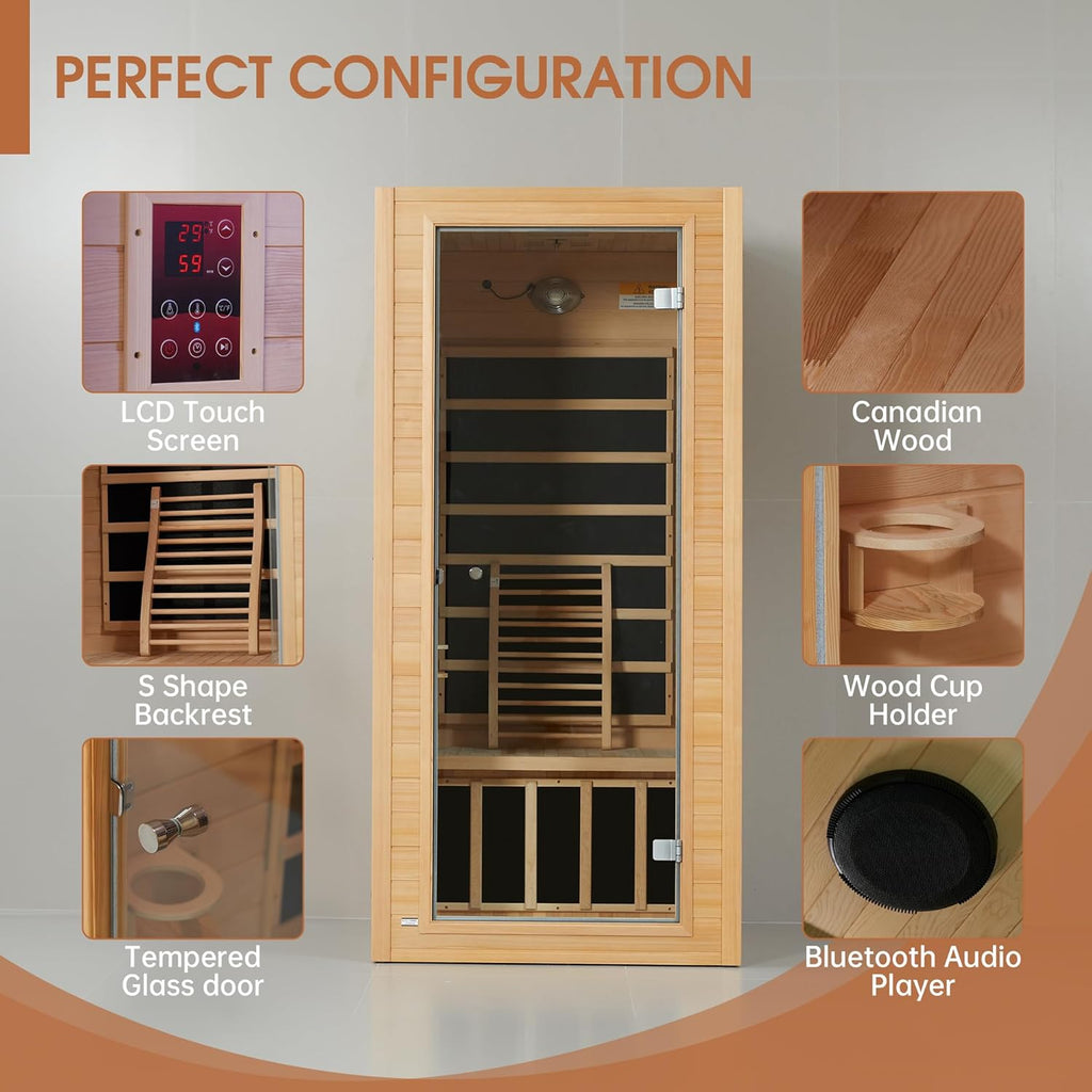 Far Infrared Sauna, Low EMF 1 Person Sauna, Indoor Canadian Hemlock Wood Home Dry Saunas Room with 1400W