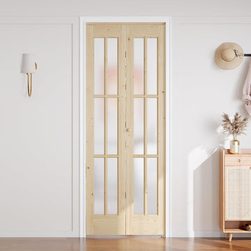 30"x 80" (Double 15" x 80") Bifold Barn Door, Tempered Frosted Glass Bifold Closet Door with 2.5FT C