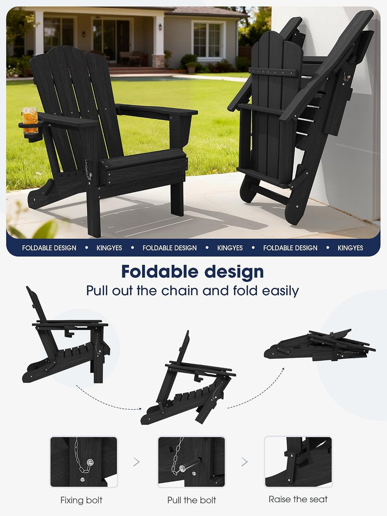 Folding Adirondack Chair, All-Weather HDPE Material, Black, 2 Pack | Wooden Textured Lawn Chair Patio Chairs for