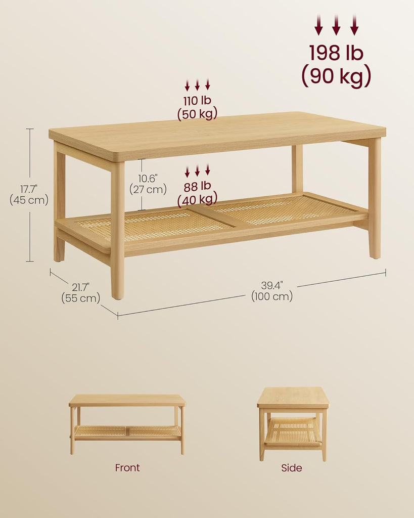 2-Tier Coffee Table, Rectangular Living Room Table, with PVC Rattan Storage Shelf, Rounded Corners, Easy Assembly