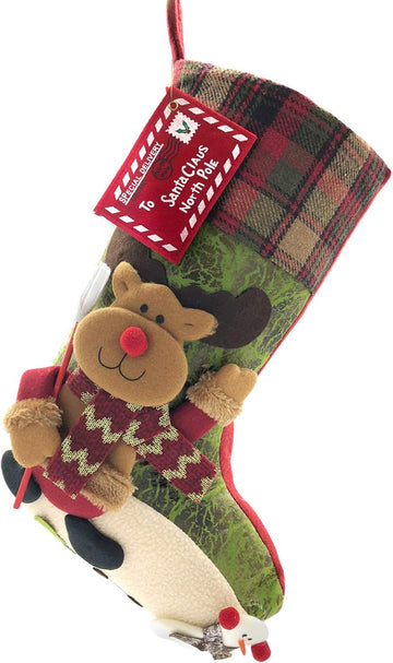 21 inch Plaid Christmas Stockings Deer, Bear, Animal One Piece, Felt Large Plush 3D Reindeer Snowman Design Hanging