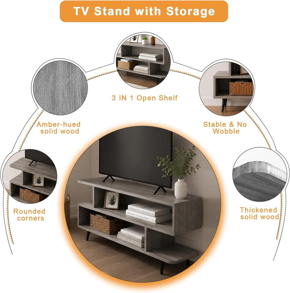 45 inch TV Stand, Mid Century Modern TV Stand, Entertainment Center with 3-Tier Open Storage Shelves, Media Cabinet
