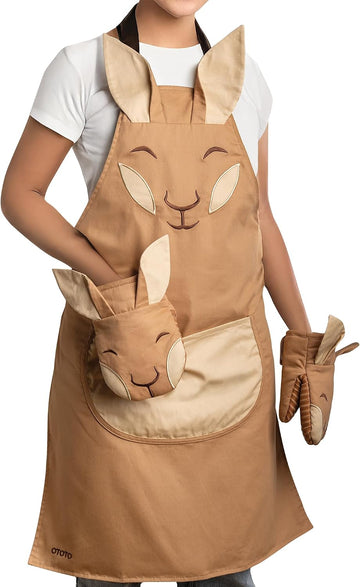 Aproo Kitchen Set - Oven Mitts and Chef Apron with Pockets, Cute Cooking Accessories, Funny Kitchen Gift, Kangaroo