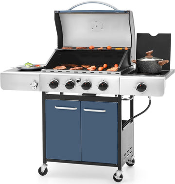 4-Burner Propane Gas Grill with Side Burner, 42,000 BTU BBQ Grill with Porcelain-Enameled Cast Iron Grates, Cabinet-Style Outdoor Grill (Blue)