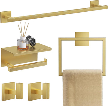 5-Pieces Brushed Gold Bathroom Hardware Accessories Set 23.6" SUS304 Stainless Steel Towel Bar Set Wall Mounted