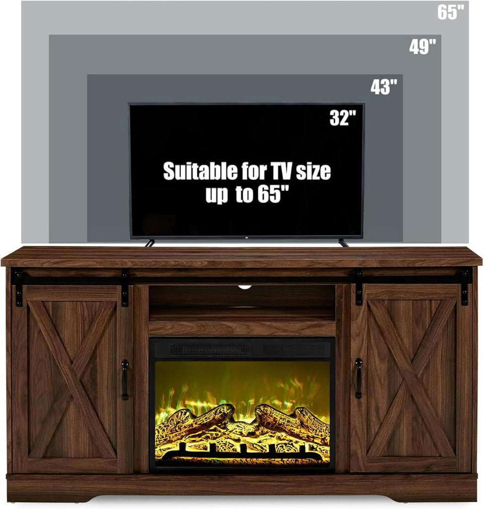 59 Inch Farmhouse Fireplace TV Stand for TVs up to 65 Inches, Entertainment Center with Sliding Barn Door, Storage Cabinets and Adjustable Shelves, Dark Walnut