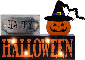 Halloween Decorations Indoor, 2-Layered Wood Block with LEDs & Pumpkin Face, Happy Halloween Sign Decorations