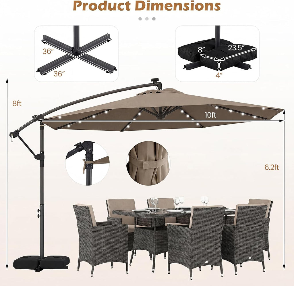 10ft Solar Patio Umbrella with Base Included, Offset Cantilever Outdoor Umbrella with 32 LED Lights