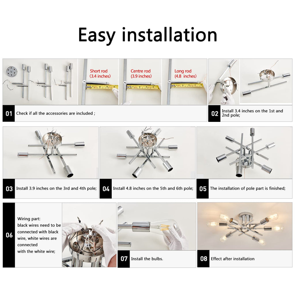 6-Lights Semi Flush Mount Ceiling Light Fixture Modern Chrome Matte Sputnik Chandelier Farmhouse Ceiling Lighting