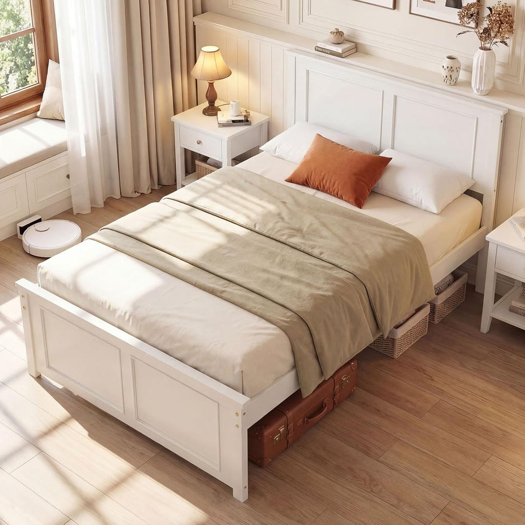 Wood Twin Bed Frames with Headboard, Farmhouse Solid Platform Bed w/Wooden Slat Support Mattress Foundation