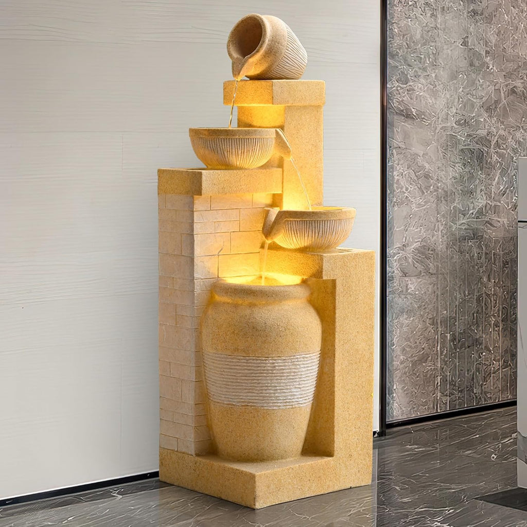 31.89" 4-Tier Outdoor Garden Water Fountain, Floor-Standing Cascading Waterfall with LED Lights