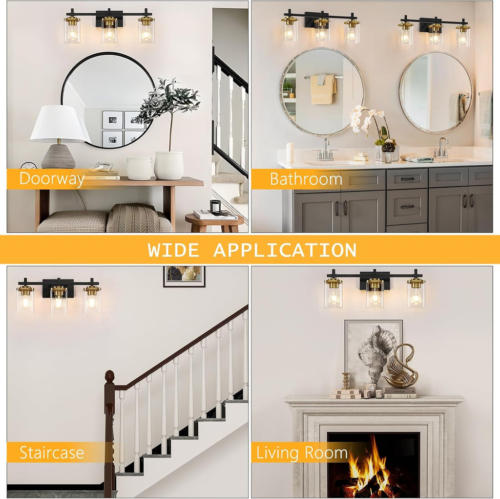 3-Lights Black and Gold Bathroom Light Fixtures Over Mirror, Modern Brushed Gold Vanity Lights , Sconces Wall