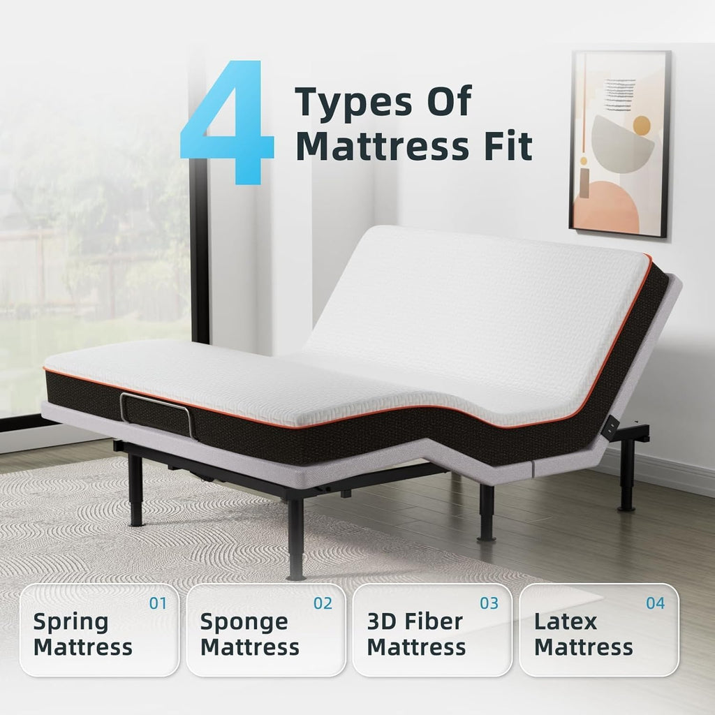 Queen Adjustable Bed Base Frame, Massage & Wireless Remote, Dual USB Ports,Ergonomic Upholstered Bed Frame, Lift