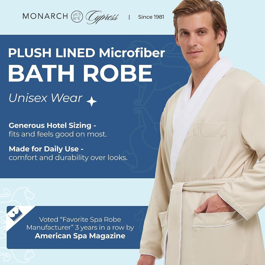 Unisex Plush Lined Microfiber Bath Robe | Soft Shell with Polyester Lining, Resort-Grade Hotel & Spa Robe with Pocket