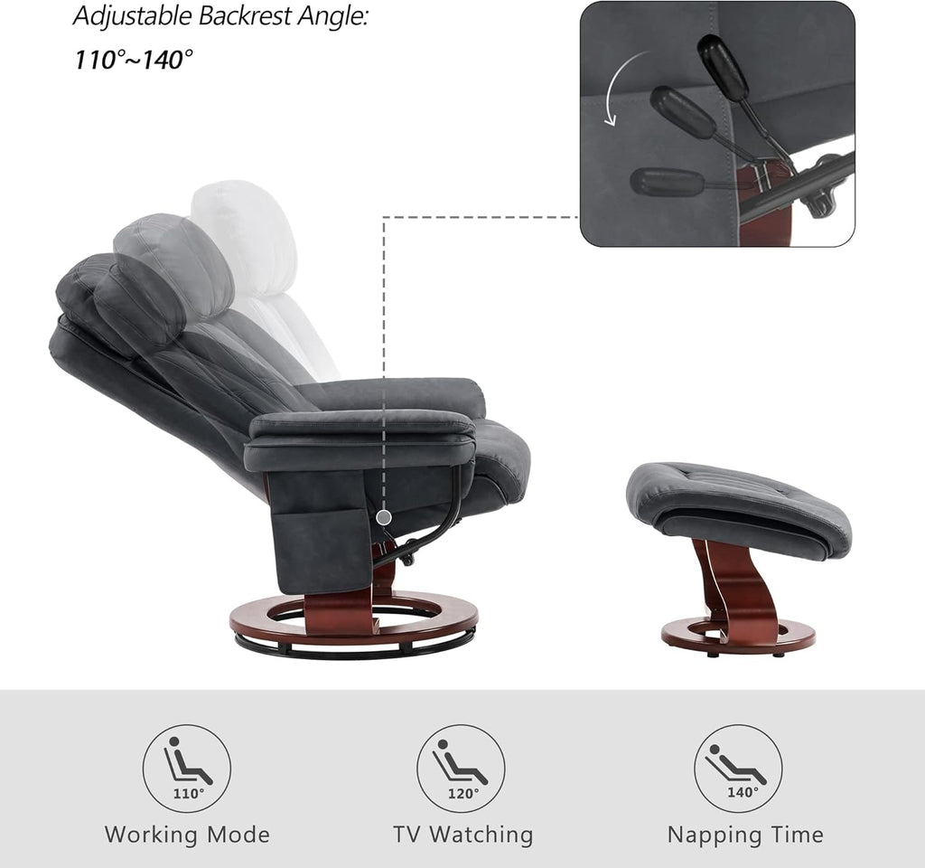 Modern Reclining Swivel Lounge Chair and Ottoman — Grey Faux Leather
