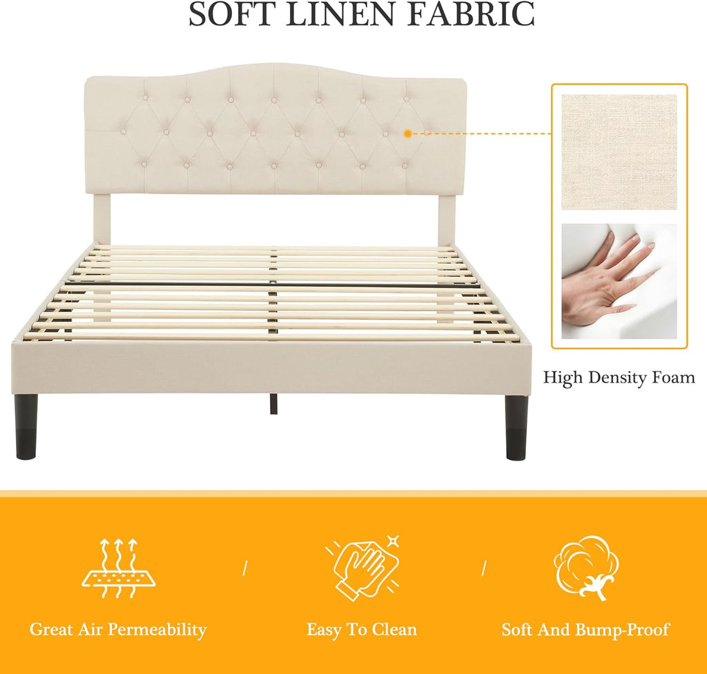 Queen Platform Bed Frame with Fabric Upholstered Headboard and Wooden Slats Support