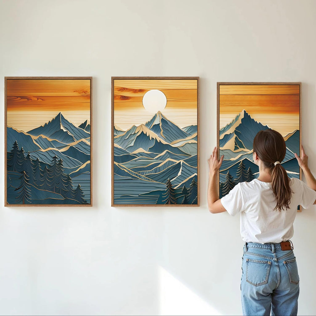 Large Mountains Framed Canvas Wall Art Set of 3, Boho Nature Woodcut Forest Art Prints, Mid Century Modern Wall