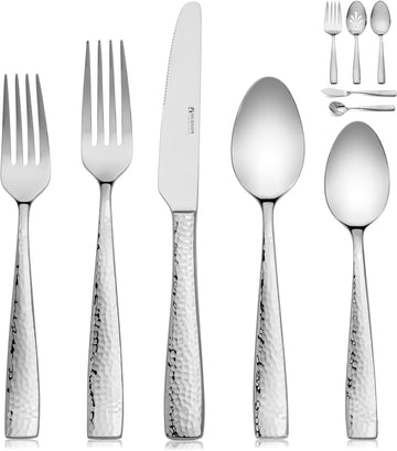 89-Piece Hammered 18/10 Stainless Steel Silverware Cutlery Set with Serving Set, Flatware Service for 12