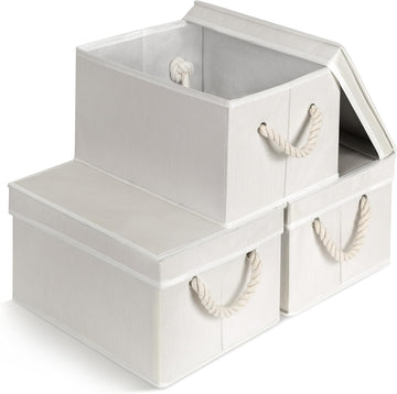 Set of 3 Fabric Bins for Organization - Foldable & Stackable With Lid & Rope Handles - Collapsible Fabric Storage