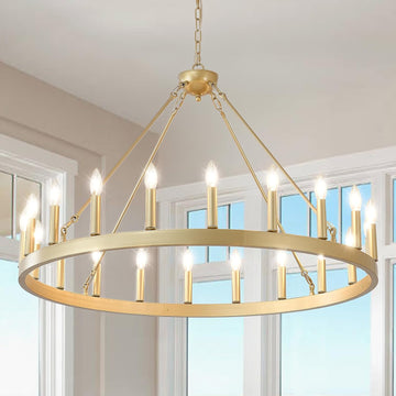 Inspired Camino Style Chandelier - Gold Wagon Wheel Chandelier 40”, 20-Light Farmhouse Wagon Wheel Chandelier for Dining Room, Modern Round Iron Candle Chandeliers Light Fixture for Living Room, Foyer, Entryway, E12