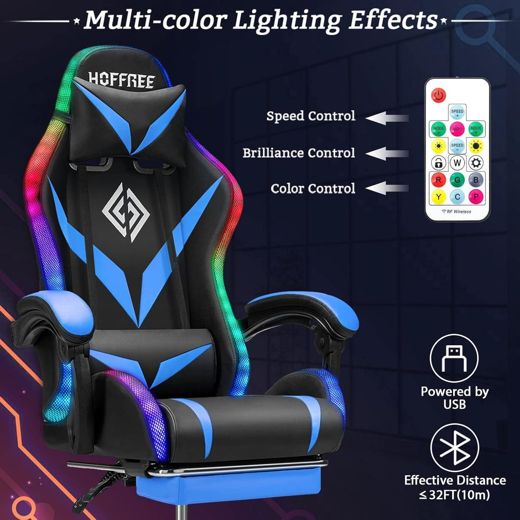 RGB Gaming Chair with Massage & Footrest Racing Style Computer Chair-Blue