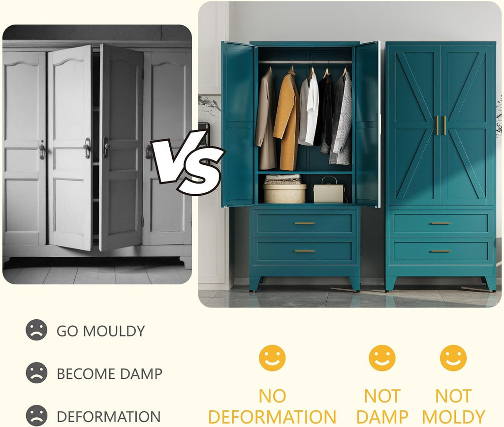Metal Armoire Wardrobe Closet, Bedroom Armoires with Drawers | 71'' Metal Wardrobe Cabinet with 2 Doors and 2