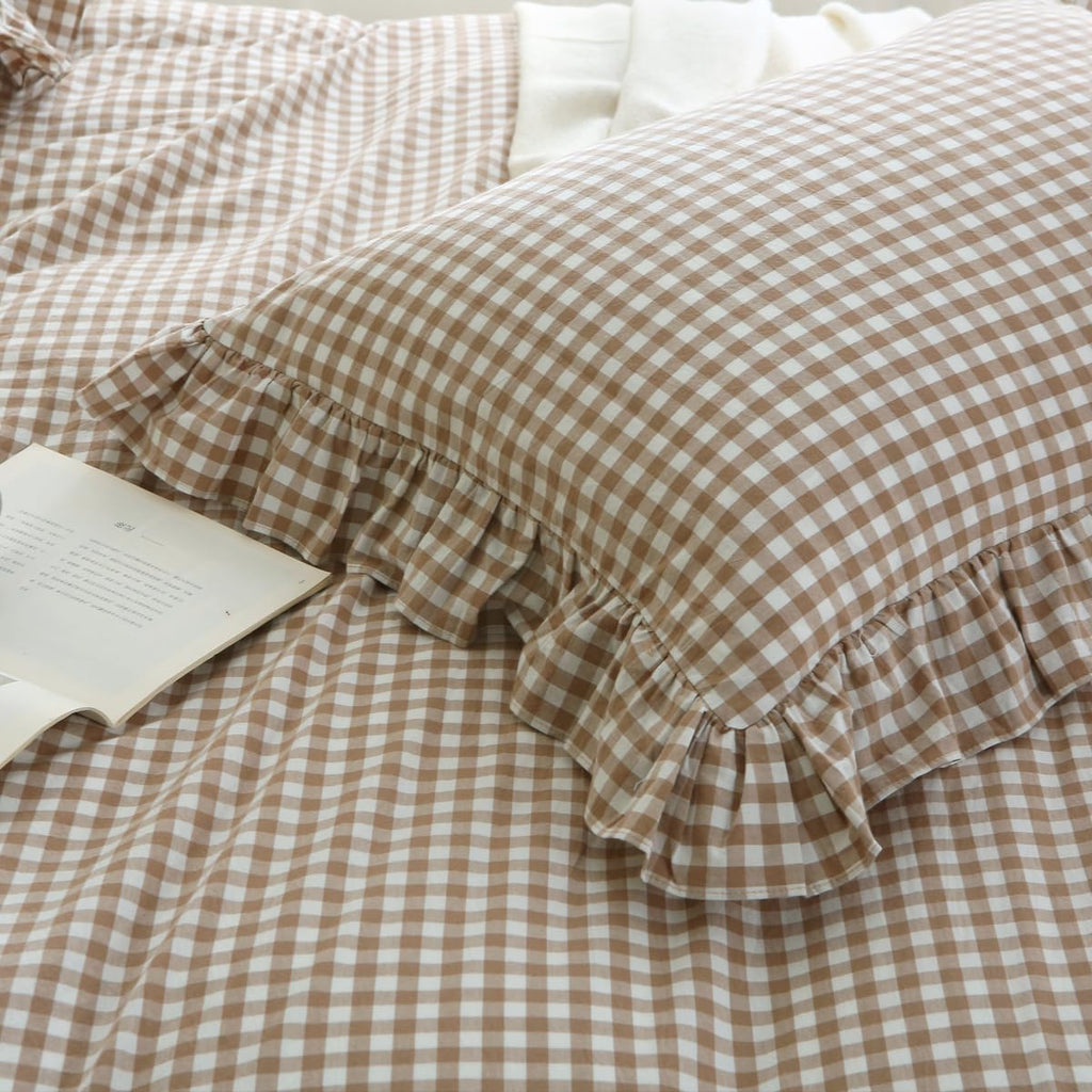 Taupe/White Plaid Ruffle Duvet Cover,100% Washed Cotton 3 Pcs Vintage Checkered Chic Gingham Bedding Set