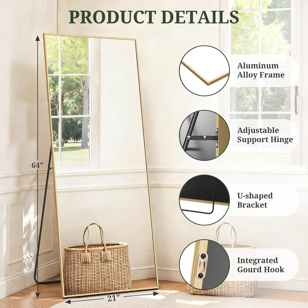 Mirror Full Length 64"x21" Full Body Floor Mirror with Stand, Shatterproof Glass, Aluminum Alloy Frame, Free Standing