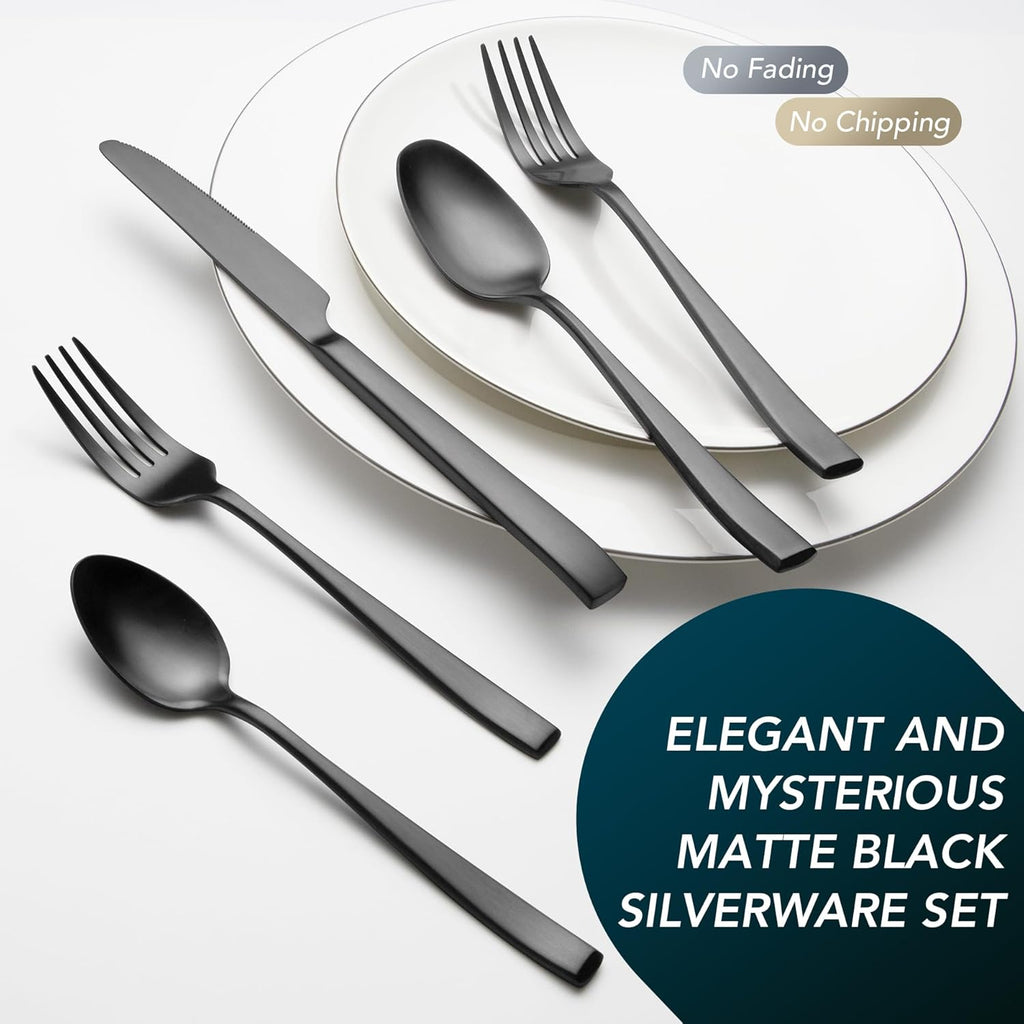 Matte Black Silverware Set, 40-Piece Premium Stainless Steel Black Cutlery Set for 8, Matte Flatware Sets