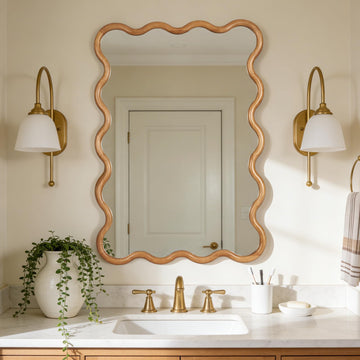 28"x40" Large Wavy Wood Mirror, Natural Wood Boho Accent Wall Mirror with Solid Wooden Frame, Decorative Wall Mirror