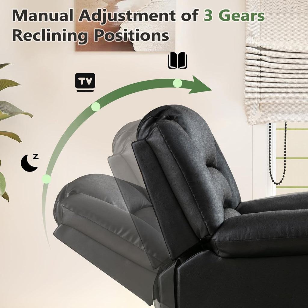 Black Recliner Chair with Overstuffed Arm and Back, Breathable Faux Leather Manual Reclining Chairs, Living Room