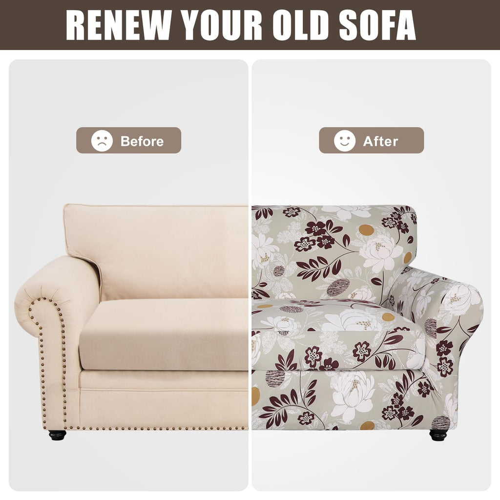Stretch Sofa Cover Printed Couch Cover, Floral Pattern 3 Pieces Loveseat Slipcover with 2 Separate Cushion Cover