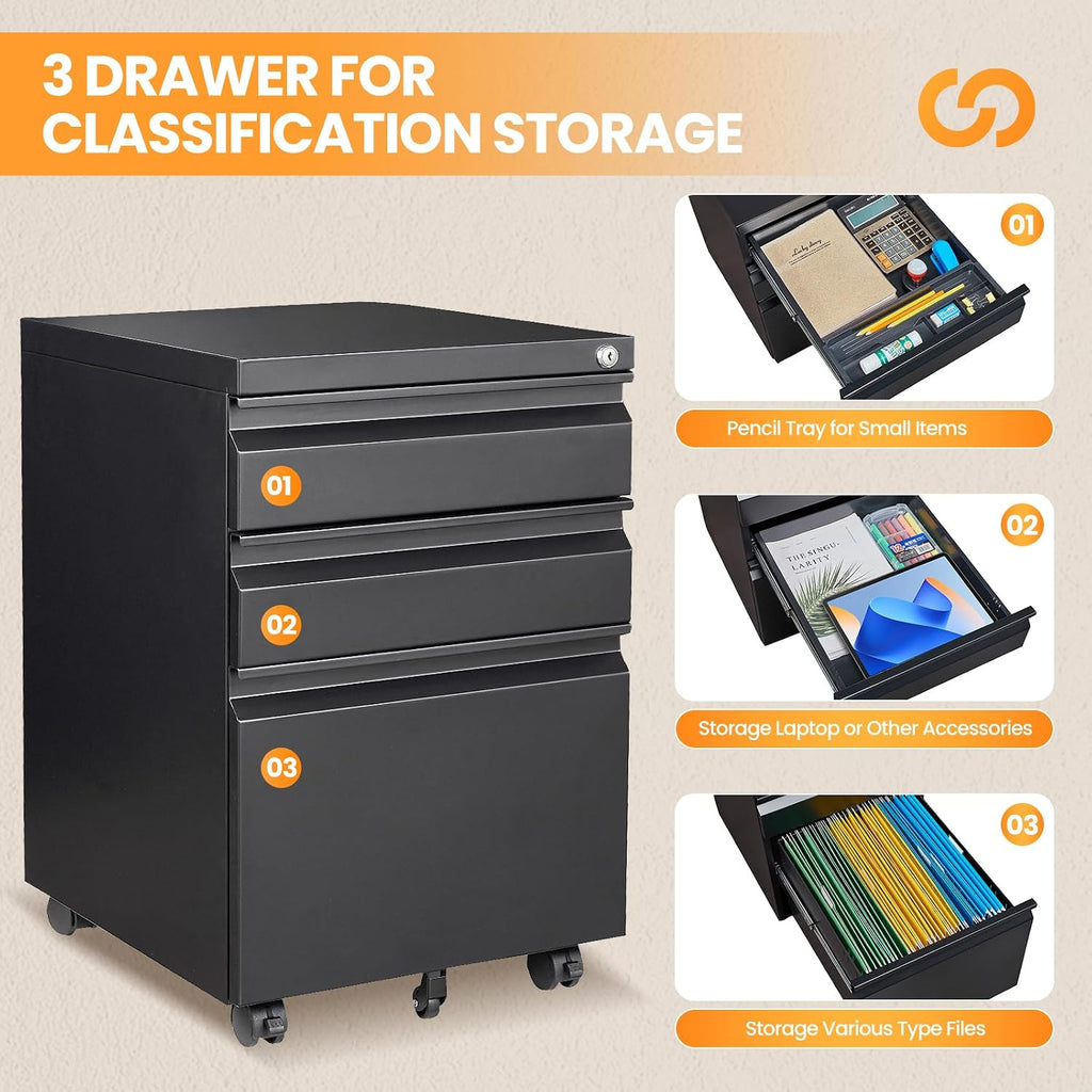 3 Drawer Mobile File Cabinet with Lock, Rolling Filing Cabinets , Under Desk Small File Cabinet Three Drawers for