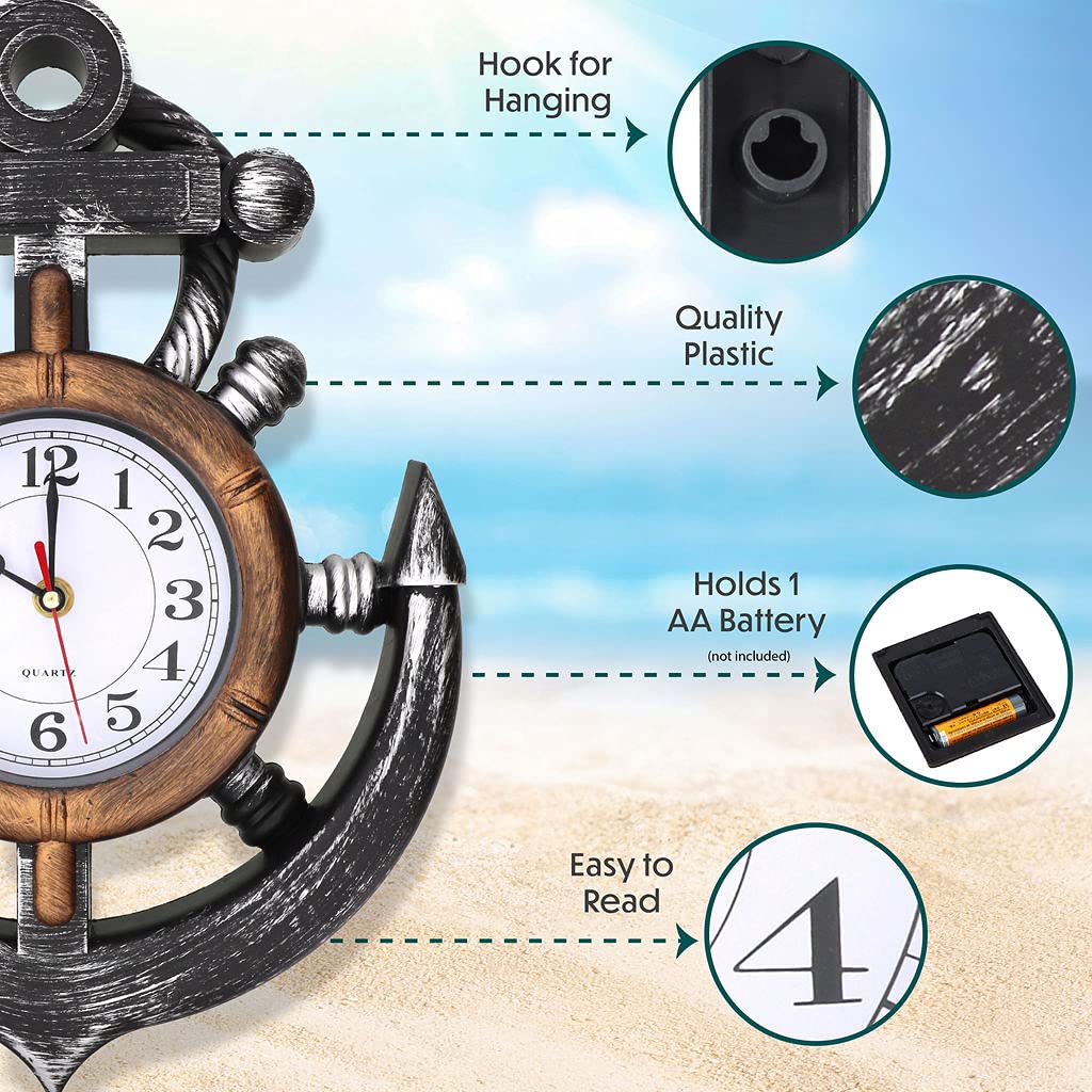 Anchor and Boat Wheel Wall Clock, Nautical Coastal Beach or Sea Theme Home Decor Silent, Non Ticking Sweep Movement