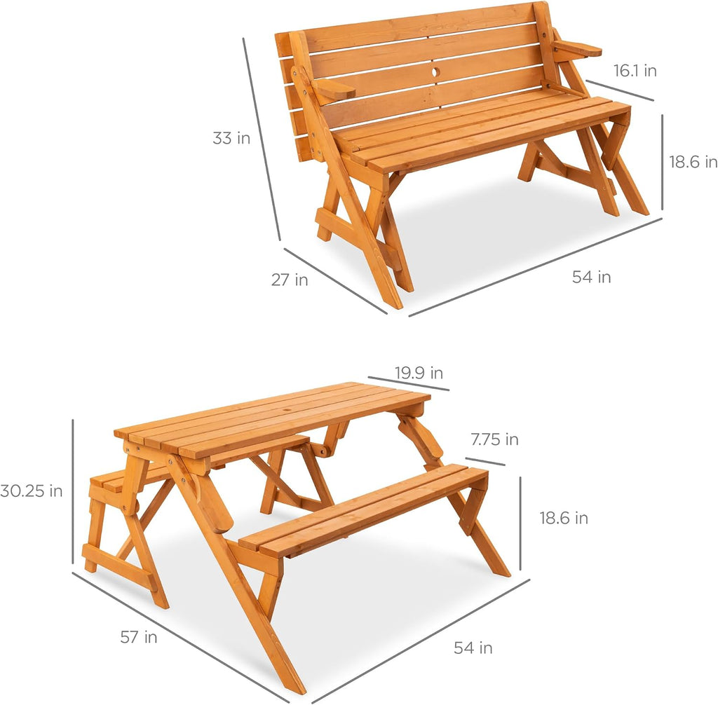 2-in-1 Transforming Interchangeable Outdoor Wooden Picnic Table Garden Bench for Backyard, Porch, Patio, Deck
