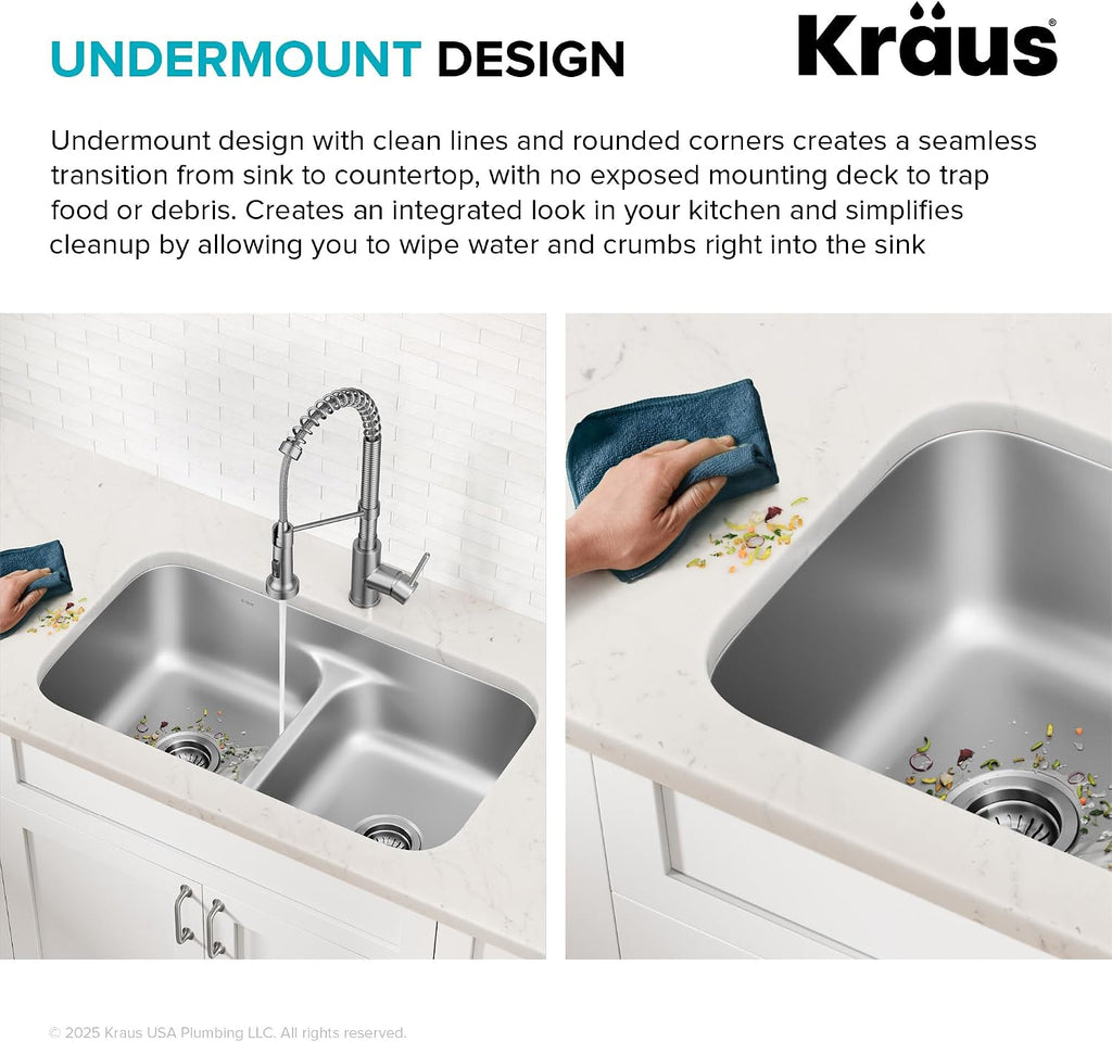 Premier 32-inch Undermount 50/50 Double Bowl Low Divider 18-Gauge Stainless Steel Kitchen Sink with Strainers (x2)