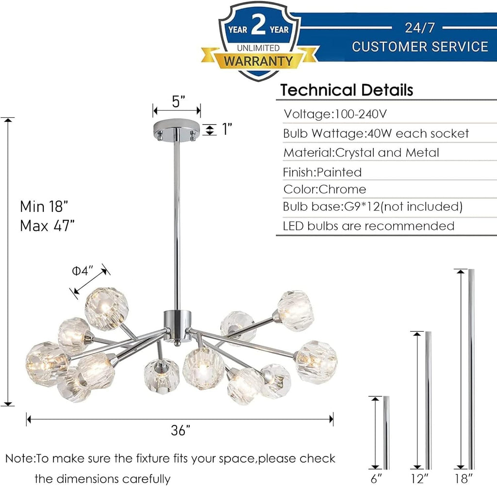 Sputnik Chandeliers for Dining Room Light Fixture Over Table, Modern Crystal Chandeliers, 12 Lights Chrome Lighting Fixtures for Living Room Bedroom Kitchen Island Bar