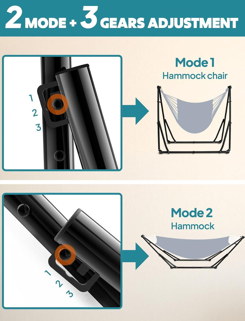 2-in-1 Hammock & Chair Stand with Collapsible Steel Frame & Carry Bag | Tool-free Set up Multi-angle & Height