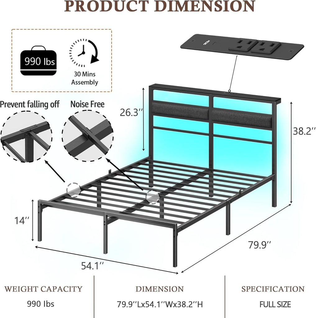 Full Bed Frame with Headboard, Bed Frame Full with LED Light and Charging Station
