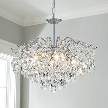 Modern K9 Crystal Chandeliers, Middle Century Modern Design Chandelier Light Fixture for Dining Room, D20 x H17, Adjustable Chains 59", Chrome Finish Metal Frame