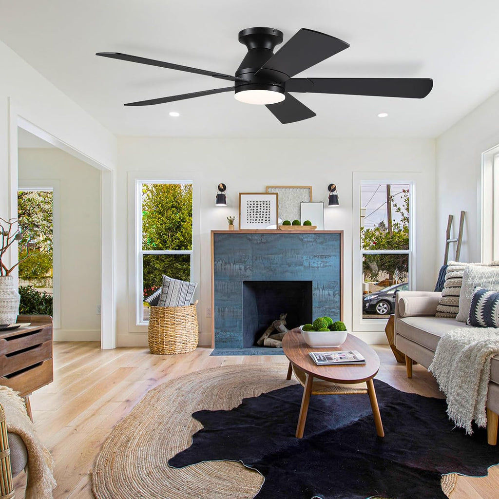 Black Ceiling Fans with Lights - 52In Flush Mount Ceiling Fan Light with Remote, 3CCT Dimmable and 6 Wind Speeds, Modern Low Profile Fan Light for Indoor Bedroom, Covered Outdoor