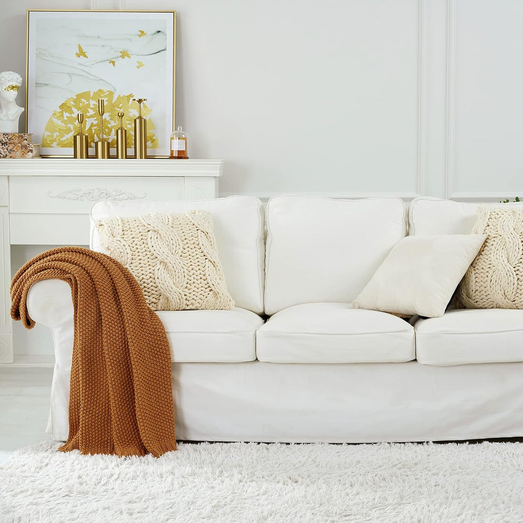 Chunky Cable Knit Throw Blanket Lightweight Burnt Orange 100% Organic Cotton Blanket, Rustic Shabby Chic Modern