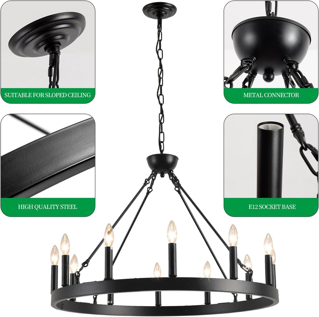 Inspired Camino Style Chandelier - Wagon Wheel Chandelier 32" 12-Light, Round Black Chandeliers Farmhouse Modern Wagon Wheel Light Fixtures, for High Ceiling Dining Living Room, Foyer, Entryway