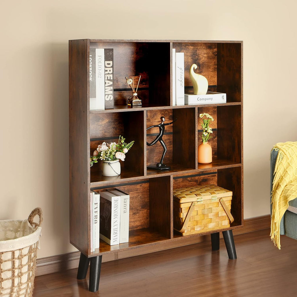 Cube Bookshelf 3 Tier Mid-Century Rustic Brown Modern Bookcase with Legs,Retro Wood Bookshelves Storage Organizer
