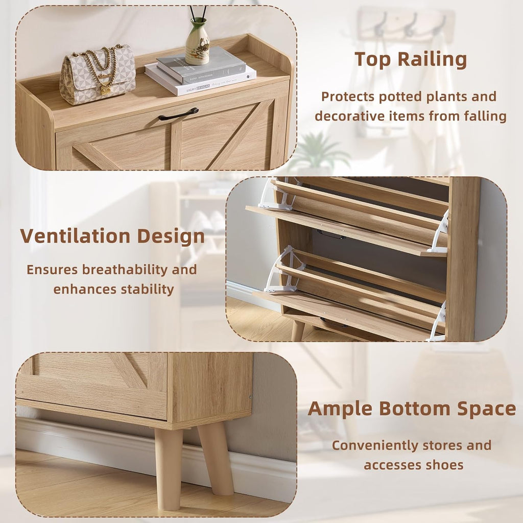 Shoe Cabinet Storage with 2 Flip Drawers Rack Narrow Organizer Slim Hidden Wood Shoe Cabinet Furniture Natural