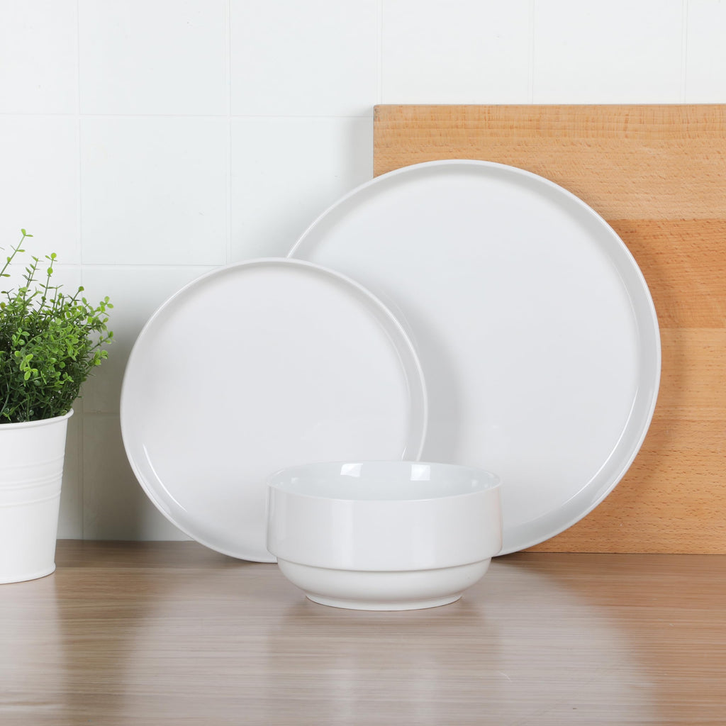 Rothernberg 18-Piece Stackable Porcelain Dinnerware Set, Service for 6 - White Plates and Bowls, Microwave &