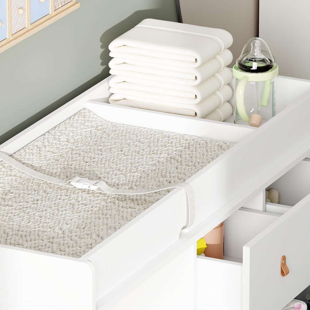 Baby Changing Table Dresser with 5 Drawers, Baby Nursery Dresser with Tilt Out Laundry Basket, Infant Changing