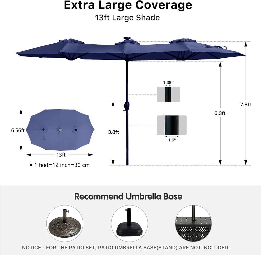 13ft Patio Umbrella Double Sided Outdoor Umbrella Table Umbrella with Solar lights Pool (Navy)