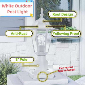 White Outdoor Post Light, Pole Lantern, E26 Base 60W Max, Aluminum Housing Plus Glass, Wet Location Rated