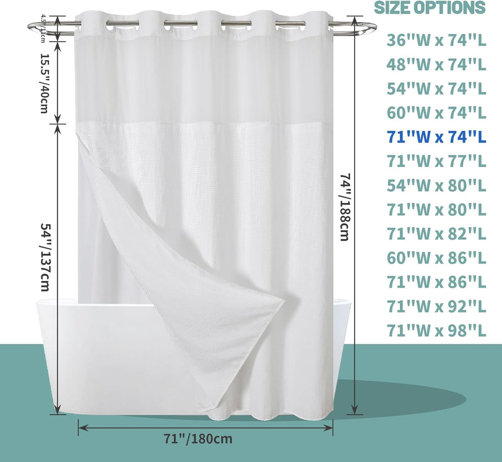 No Hook Waffle Shower Curtain with Snap-in Liner, 71x74 Inch, White | 230 GSM waffle weave fabric, waterproof liner